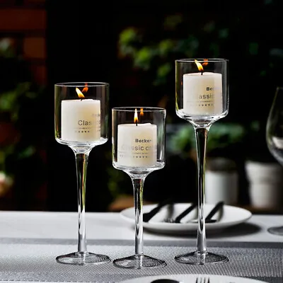 Buy Set Of 3 Large Tall Glass Candle Holders Centrepiece Tea-Light Wedding Candles • 12.94£