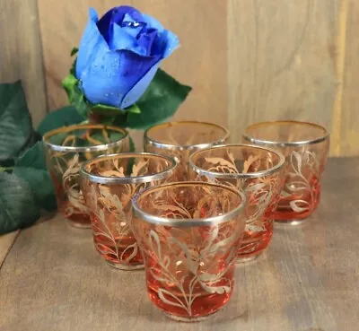 Buy 6 Antique Czech Bohemian Peach Floral Silver Overlay Glass Glasses Set 1950s • 116.77£