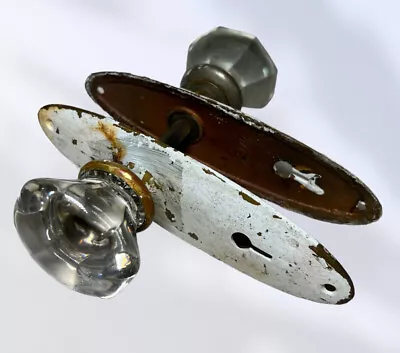 Buy Antique 2.25”d Crystal Glass & Brass 8 Point Door Knob Set + Cast Bronze Plates • 37.94£