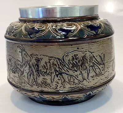 Buy Doulton Lambeth Pottery Sugar Bowl Sterling Silver Rim Hannah Barlow 1879 Goats. • 250£