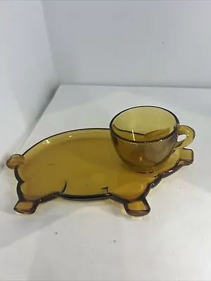 Buy Vintage 1970s Amber Indiana Tiara Glass Little Piggy Pig Snack Set Tray Cup • 9.58£