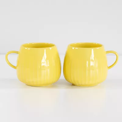Buy Set Of 2 Yellow Embossed Stoneware Mugs Cups Hot Drinks Coffee Tea Latte Soup • 14.99£