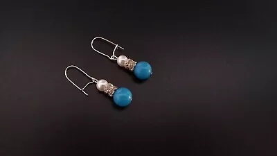 Buy Turquoise Blue Mountain Jade White Glass Pearl Kidney Wire Earrings • 2.99£