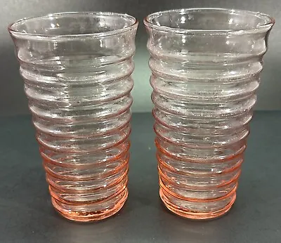 Buy Vintage Anchor Hocking Pink Ribbed Tumblers 12 Oz 5.5 Inches Tall Set Of 2 • 17.07£