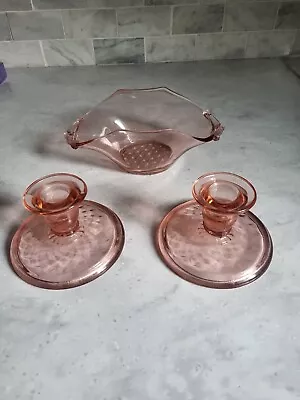 Buy 3 Pieces Of Pink Depression Cheap Candle Holders And Bowl • 15.83£