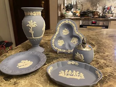 Buy Vintage Wedgewood Jasperware  Blue Trinket Pots Vase Plate, Lighter • 18£