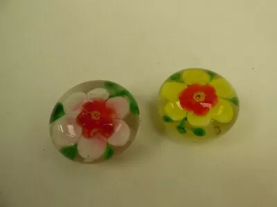 Buy Pair Small Glass Paperweights Flower Designs Yellow Pink • 9.99£