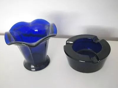 Buy Art Glass Cobalt Blue Vintage Davidson Posy Vase + Chunky Ashtray • 12.50£