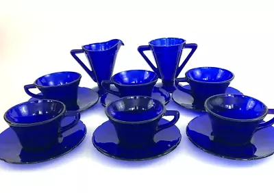Buy Vintage Diamond Glass-Ware Depression Glass Coffee/tea Set VICTORY C.1929+ BLUE • 165.37£
