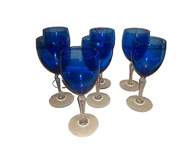 Buy Vintage Set Of 7 Cobalt Blue 8oz Wine Glasses Giblets Clear Faceted Stem 8 3/8   • 55.98£
