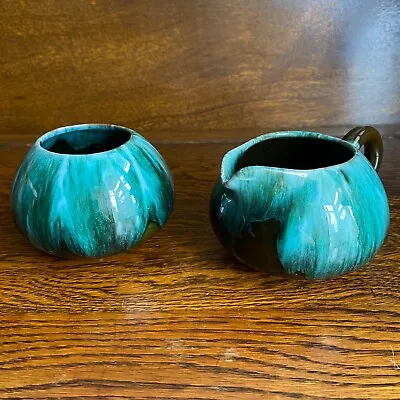 Buy Vintage Blue Mountain Pottery Canada Milk Creamer Jug & Sugar Bowl Green Drip • 12£