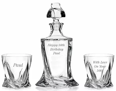 Buy Personalised Crystal Whisky Decanter Set With 2 Glasses Twisted Design • 79.95£