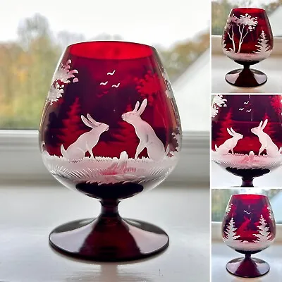 Buy Beautiful Antique Bohemian Ruby Red Glass Etched Brandy Cognac Glass With Hares • 45£