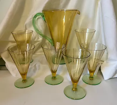 Buy Vintage Art Deco Cocktail Jug & Glasses Amber And Green Uranium Glass • 65£