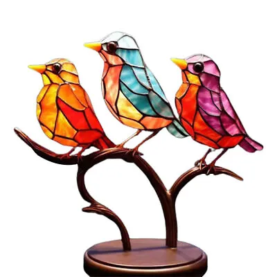 Buy Stained Glass Birds On Branch Desktop Ornaments Metal Vivid Craft Desktop Decor. • 8.32£