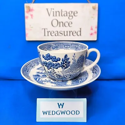 Buy Wedgwood WILLOW * Large BREAKFAST CUP & SAUCER * Blue & White China * 1960s GC • 9.94£