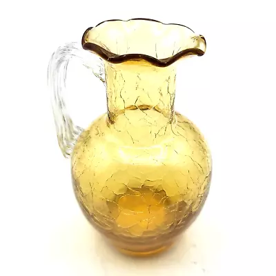 Buy Vtg Amber Crackle Glass Pitcher Bud Vase Hand Blown Clear Applied Handle 4.5  YK • 12.34£