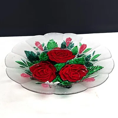 Buy Vintage Glass Fruit Bowl Colourful Roses Design 9 Inches • 29.99£