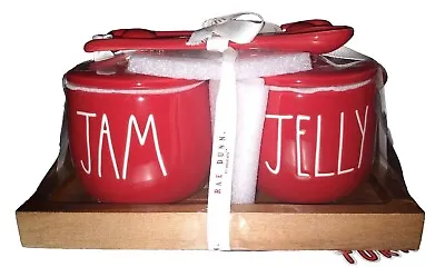 Buy RAE DUNN Red Jam & Jelly Set With Lids & Spoons On Wood Tray NEW.      (G2) • 24.61£