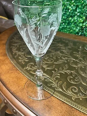 Buy Vintage Antique Elegant Floral Etched Glass Set Of Eight Wine Glasses 8”Tall • 120.53£