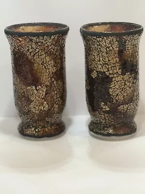 Buy Pair Amber / Brown Mosaic Crackle Glass Hurricane Centerpiece Vase Candleholders • 23.82£