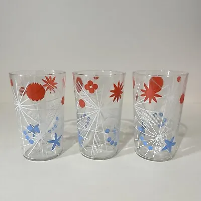 Buy Vintage Drinking Glasses Tumblers Atomic Pattern White Blue Coral Retro 50s 60s • 14.95£