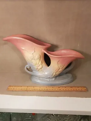 Buy Vintage Hull Art Pottery H-15-12” Double Cornucopia Vase With Pink Magnolia • 86.31£