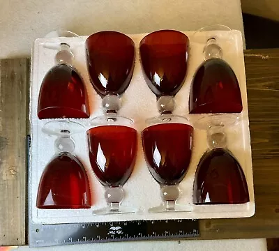 Buy Set Of 8 VTG Water Wine Goblet Glasses Ruby Red Clear Ball & Wafer Stem NIB • 51.97£