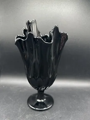 Buy Fenton Black Amethyst Thumbprint Swung Handkerchief 9.5” Footed Vase Purple Hue • 46.98£