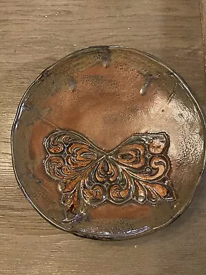 Buy Vintage Art Pottery Brown Drip Glaze 13” Plate Round Platter Butterfly • 43.37£