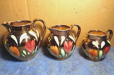 Buy 3 Copper Lustre Graduated Jugs Old Court Ware Hand Painted Flowers • 9.99£