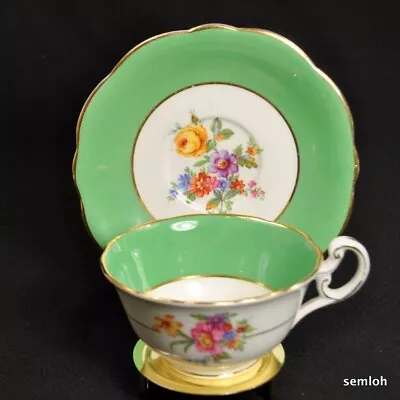 Buy E Brain Foley Footed Cup Saucer Floral Sprays Emerald Green Bands Gold 1930-1936 • 55.69£