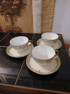 Buy Set Of 3 Limoges France Antique Teacups And Saucers Blue/Gold Floral • 33.19£