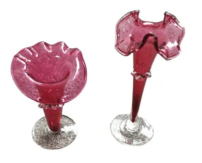 Buy Vintage Ruby Cranberry Art Glass Trumpet Vases With Crimped Rim And Flared Stem • 19.99£