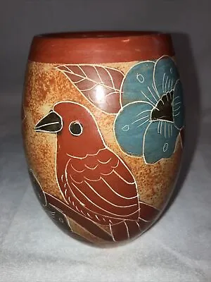 Buy Central American Clay Pottery Vase Brown Blue Green Bird Flowers 5” • 26.54£