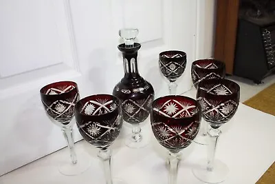 Buy Bohemian Ruby Red Crystal Cut Vintage Decanter Set With Six Glasses • 75£