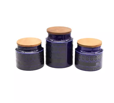 Buy HORNSEA Heirloom Midnight Blue Set Of 3 Storage Jars Wooden Lid Salt / Sugar • 4.99£