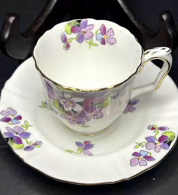 Buy Crown Staffordshire Fine Bone China Teacup & Saucer Floral Purple Pansy Vintage • 17.28£