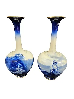 Buy Antique Royal Doulton Blue Children Series Ware Gilt Bottle Vases - Circa 1900 • 226£