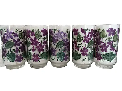 Buy Set Of 5 Libbey Purple Flowers With Green Leaves Tumbler 12 Oz Vintage Glasses • 28.32£