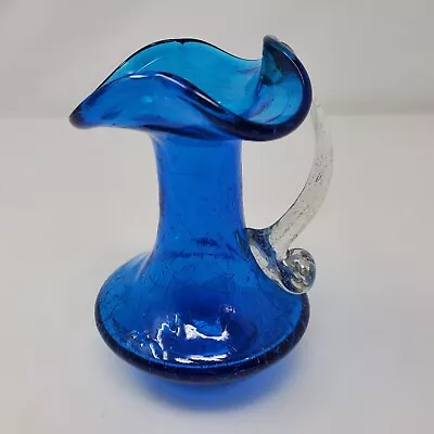 Buy Vintage Blue Crackle Glass Blenko MCM Bud Vase Pitcher 4.5”   • 30.59£