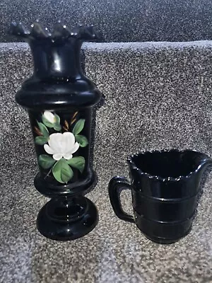 Buy 2 Black Glass Items - Vase (hand Painted Victorian Amethyst Glass) And Jug • 5£