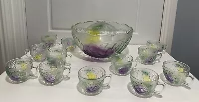 Buy Vintage Kig Glass Punch Bowl Coloured Embossed Fruit With 12 Cups & Original Box • 39.99£