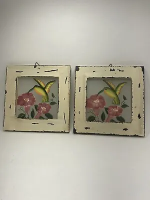 Buy Hummingbird Stained Glass Rustic Framed Pair  W/ Hangers 5.75” Sq Window Panes • 9.59£