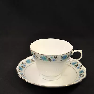Buy Cup & Saucer Floral W/Platinum On White Blue Black Scalloped Made In China • 21.12£