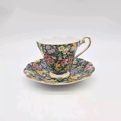 Buy Royal Standard Black Floral Chintz Teacup & Saucer Vintage Fine Bone China  • 31.18£