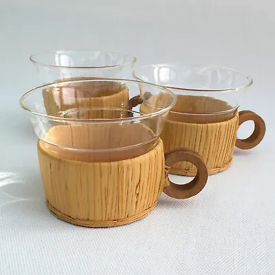 Buy Vintage 1960s DDR East Germany 3 Straw And Wood Glass Tea Cups • 23£