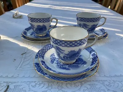 Buy Three Duchess Light Blue & White Bone China Willow Cup Saucer Plate Trio • 14.99£