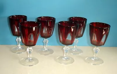Buy Set 6 Vintage Cranberry Glass With Clear Panels Sherry Port Wine Glasses • 6.99£