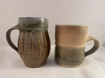 Buy Two Signed Caleb Wyatt Wheel Thrown Pottery Green Brown Coffee Tea Coffee Mugs • 18.97£